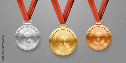 Vector Gold Silver and Bronze Award Medal hanging on a red ribbon. Olympic medal set. Symbol of success and victory. Realistic 3d style. Isolated on grey background.