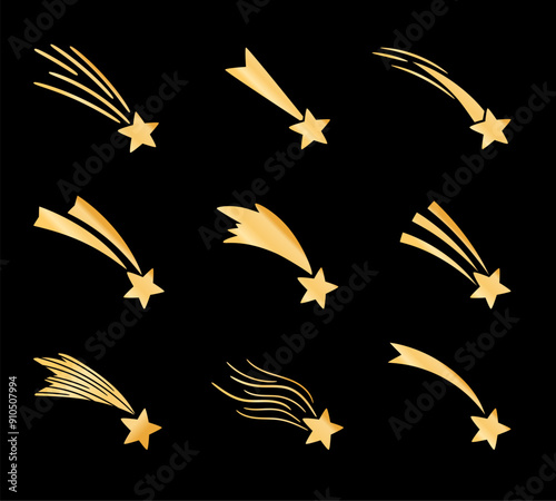 Golden shooting stars with beautiful tails on a black background