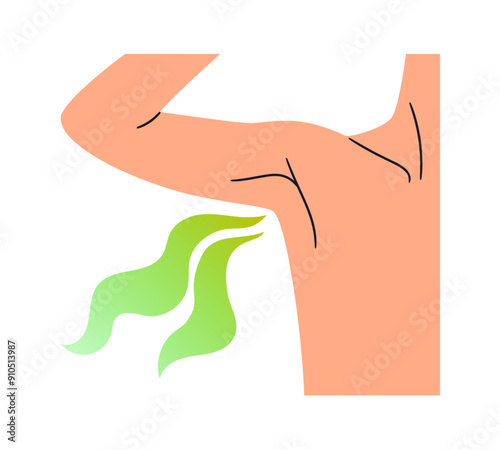 Stinky armpit with terrible sweat. Concept of unwashed body and poor hygiene in green smell