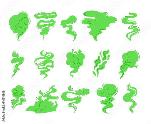 Stinky smoke. Green fumes, poisonous gas, bad breath, fart smell, clouds of stench, foul odor. Set of isolated toxic vapors. The smell of spoiled rotten food or poor hygiene of an unwashed body