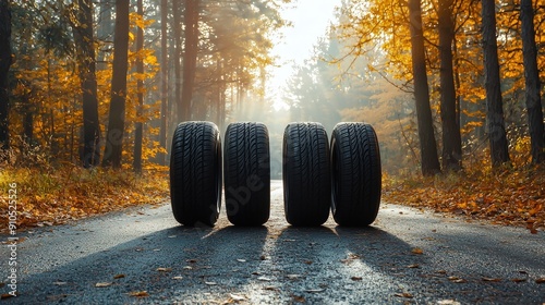 Four tires are neatly lined up on a quiet road, illuminated by the soft, golden glow of the afternoon sun filtering through colorful autumn trees