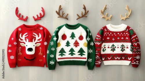 three funny ugly christmas sweater design, deer and christmas trees for the holiday, with antlers for head