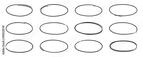 Black circle highlight, pen ovals doodle. Marker ellipses frames in sketch style. Hand drawn vector illustration isolated on white background