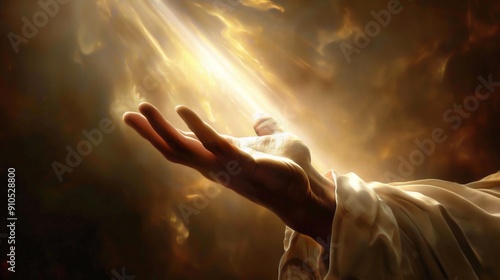 A hand with an open palm reaches out to the divine light, addressing God.