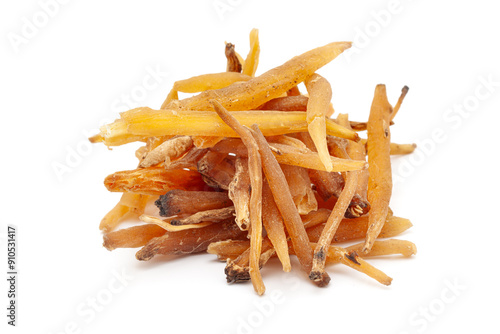 Close-up of Dry Organic Shatavari (Asparagus racemosus) roots, isolated on a white background. Front view.