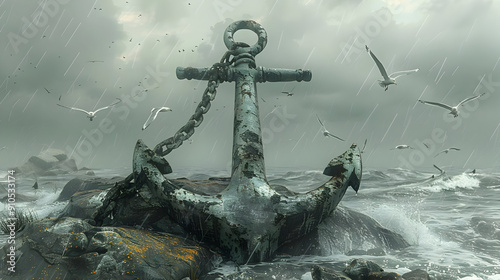 Rusty Anchor on Rocky Shore in Stormy Sea 3D Illustration