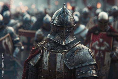 A large group of medieval warriors dressed in armor, ready for battle