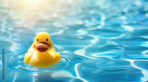 A yellow rubber duck is floating in a pool of water.