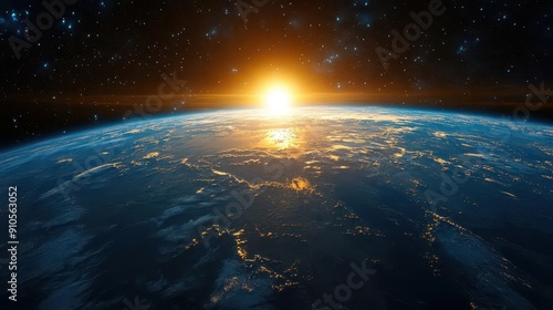 majestic curvature of earth from space vibrant blue oceans contrast with landmasses ethereal sunrise casts golden glow on atmosphere starfield backdrop aweinspiring celestial vista