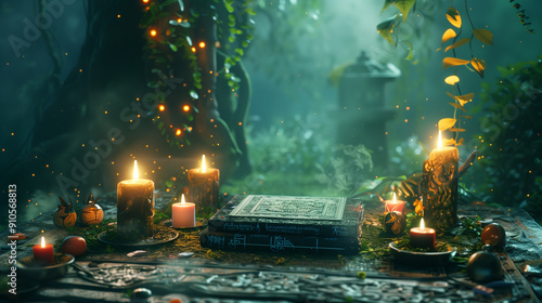 Magical altar in enchanted forest. Ancient grimoire surrounded by glowing candles in a mystical scene with floating particles and lush vegetation.