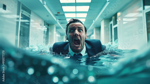 A business man in suit is swimming under water inside an office, he looks scared and has his mouth open. he is panicking because there's so much work that needs doing