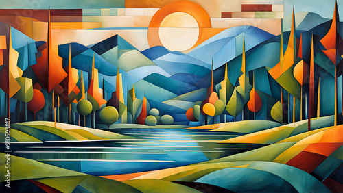 Cubist Paintings Blending Geometric Shapes with Serene Landscapes - Modern, Vibrant, and Unique Designs