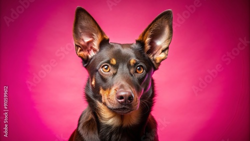 Adorable Australian Kelpie dog poses on a bright pink background in a studio setting, showcasing its elegant coat and curious expression.