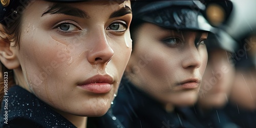 Female military cadets - soldiers lined up at attention in the rain