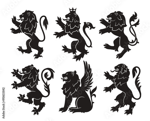 Set of Royal heraldic lions. Black silhouette of rampant lion and griffins for logo or coat of arms. Premium wild animal crest symbols. Flat vector illustration collection isolated on white background