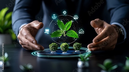 A professional showcasing innovative plant technology with holographic features, representing sustainability and growth in business.