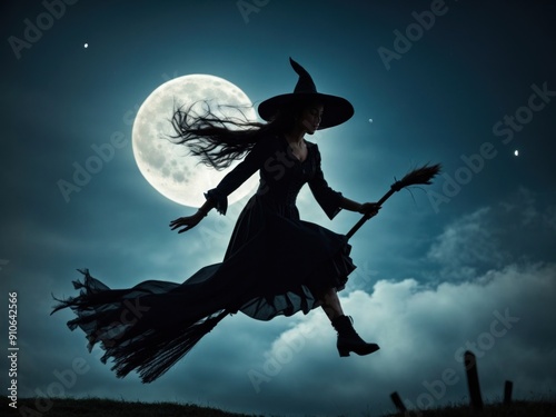 Silhouetted witch flying on broom against a full moon