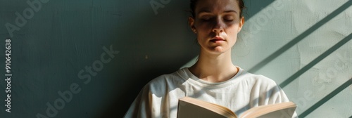 Young Woman in Prison Uniform Reading Book Under Window Light in Cell with Shadows of Bars on Face - Confinement and Hope Concept