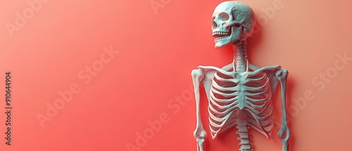 Human Skeleton Model Against Coral Background with Copy Space for Medical and Educational Use