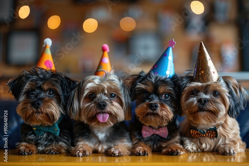 Cute Canine Party: Adorable Dogs Celebrating Sylvester and New Year's Eve with Hats and Bow Ties on Yellow Table and Blue Wall Background