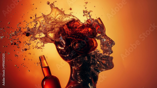 Drowning in Addiction: A haunting silhouette of a person being consumed by alcohol, with a broken bottle and splashing liquid symbolizing the destructive nature of addiction. This image is perfect for