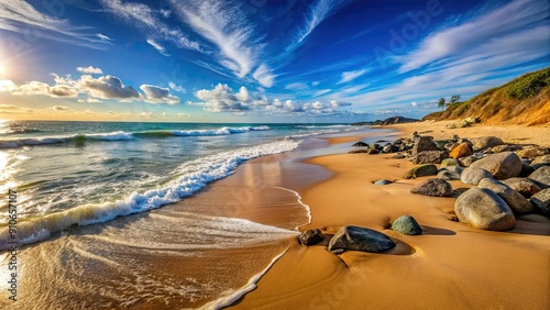 Plaza pelna piasku i skal na brzegu, beach, sand, rocks, shore, coastline, ocean, waves, summer, relaxation, scenic