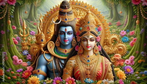 beautiful colorful hindu god lord shiva or sankar,mahadev with goddess parvathy or parvati with flower decoration