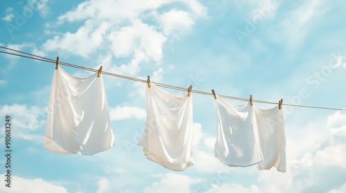 Clean clothes hanging on washing line against sky Drying laundry : Generative AI