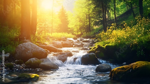 spring forest nature landscape beautiful spring stream river rocks in mountain forest : Generative AI