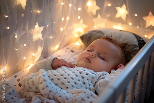 Adorable baby sleeping peacefully in a crib decorated with fairy lights.