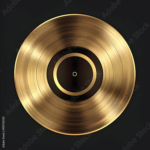 Shiny gold vinyl record on a black background, perfect for music themes, nostalgia, and vintage aesthetics.