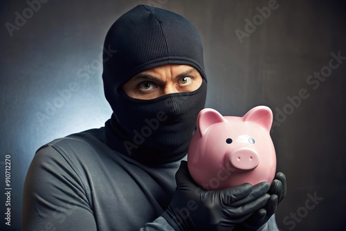 robber in black mask hold piggy bank. Money thief steal asset