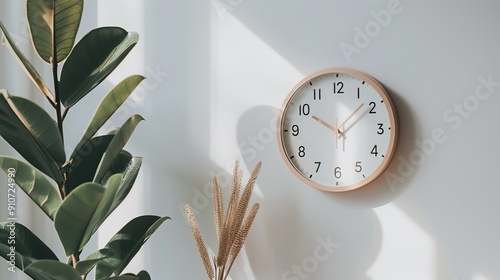 Wall Clock with Wooden Frame White Face Green Plant Leaves Dried Pampas Grass Modern Home Decor Natural Elements Time Display