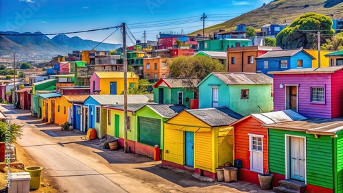 A vibrant South African township with colorful houses and bustling streets, township, South Africa, community, neighborhood