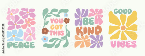 Good vibes Retro botanical with words and quotes background art vector set. Flower and leaves abstract shape doodle art design for T-shirt, poster, fabric, packaging, print, screen, sticker.