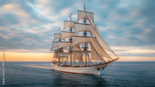 Historic clipper ship with full sails on the open sea, more clarity with clear light and sharp focus, super detailed