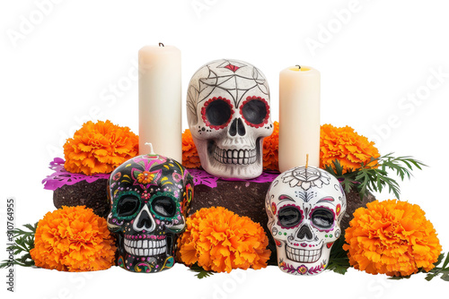 Colorful sugar skulls adorned with marigolds and candles, celebrating the vibrant tradition of Dia de los Muertos.