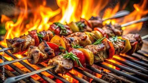 Sabrosos pinchos de carne de res y verduras asados a la parrilla sobre un fuego ardiente. Perfectos para una deliciosa barbacoa al aire libre con amigos y familiares.