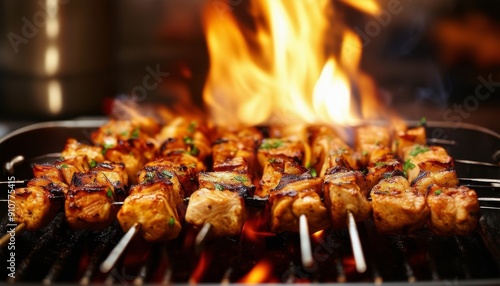 Jugosos pinchos de shish kebab asándose a la parrilla con llamas de fuego, resaltando el sabor de la carne y las verduras. Un plato perfecto para los amantes de la parrillada.