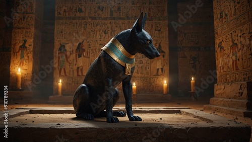 Anubis from Egyptian mythology in a tomb, surrounded by ancient sarcophagi and glowing symbols.