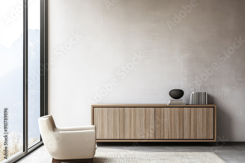 Elegant sideboard next to a large window in an apartment room. Interior design composition with copyspace.