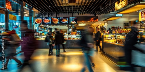 blurred motion of people walking in fast food restaurants, time-lapse shot