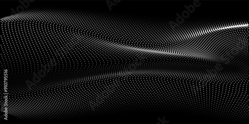 Flowing dots particles wave pattern 3D curve halftone gradient curve shape isolated on black background. Vector in concept of technology, science, music, modern.