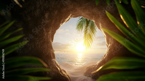 Exotic island, lush jungle, hidden cave entrance, treasure hunting, golden sunlight, adventurous