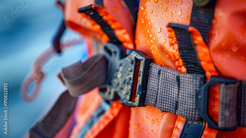 Close-up of a life jacket with detailed fabric and buckles, symbolizing water safety