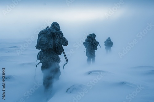 A group of men are walking across a snow covered field, making their way through the winter landscape, Special forces soldiers adapting to harsh arctic environment for survival training, AI Generated