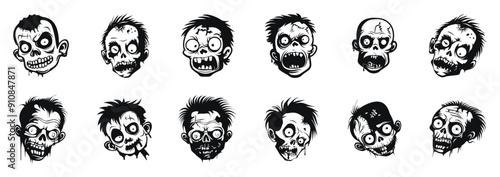 Zombie heads vector cartoon illustration. Collection of creepy Halloween faces with various expressions in black and white.