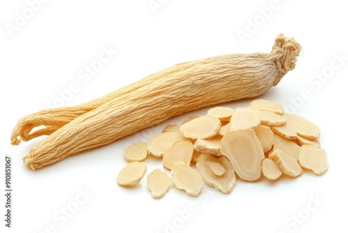 Photo of Dried ginseng sliced ​​ on white background , Concept of ginseng extract , Generative AI