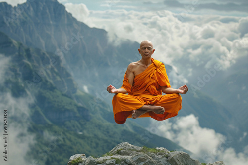 Bald buddhist monk sitting cross legged in lotus position in air levitating meditation in zen on the mountain hill. Self-discipline, isolation from people, connection with the higher mind concept. 