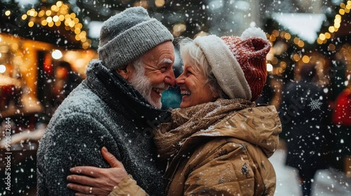 senior couple having fun at a Christmas market